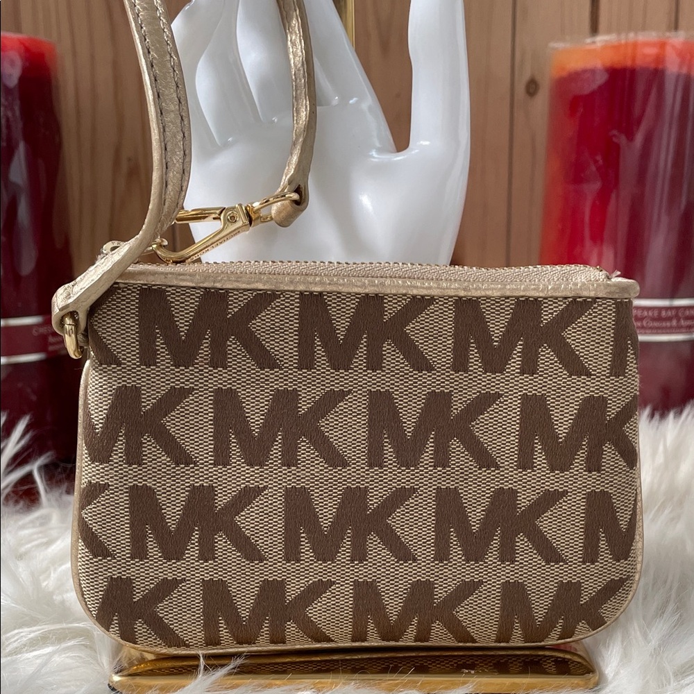 Michael Kors Tan Beige MK Logo Wristlet with Gold Hardware